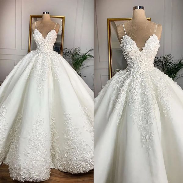 Lindo espaguete sem alças vestidos de casamento renda 3d-floral apliques vestidos de baile de noiva sem mangas vestidos de noiva feitos sob encomenda