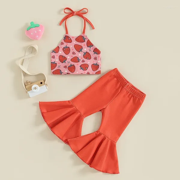 Conjuntos de roupas da criança do bebê meninas verão outfit tie-up halterneck morango impressão colete com calças flare 2 peças conjunto infantil