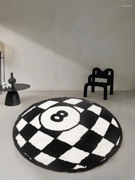 Teppiche runder Billard-Schwarzer 8-Ball-Teppichbereich Funky Red Grid Circle für Wohnzimmer Schlafzimmer Flauschiger Badezimmerteppich