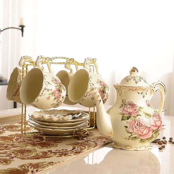 Rosa flores osso china conjunto de café porcelana britânica chá cerâmica pote creme açúcar tigela teatime bule caneca 240130