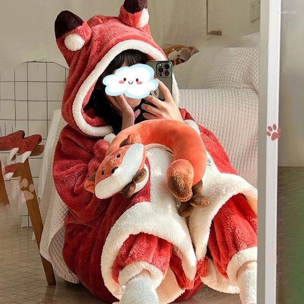 Pigiama da donna Cartoon Animal Fox Pigiama invernale Corallo in pile addensato monopezzo in peluche carino lungo con cappuccio Plus Size Vestaglia Abbigliamento per la casa