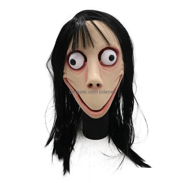 Maschere per feste Halloween Scary Fl Face Hacking Gioco Orribile Maschera in lattice Momo Big Eye Con lunghe parrucche Puntelli decorativi Y200103 Drop Deliv Dhwtc