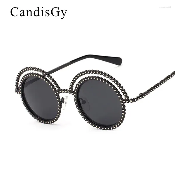 Óculos de sol candisgy vintage laço redondo marca designer strass mulheres hipster espelho senhora uv400 retro óculos de sol círculo quadro