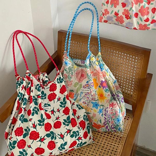 Alışveriş çantaları büyük kapasiteli çiçek tote çanta omuz çiçekleri gül çevre dostu tuval yeniden kullanılabilir bayanlar kızlar okul çanta