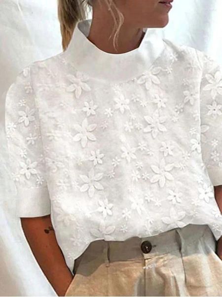 Blusas femininas branco algodão linho verão blusa feminina elegante renda sólida oco para fora casual streetwear escritório camisas básicas topos