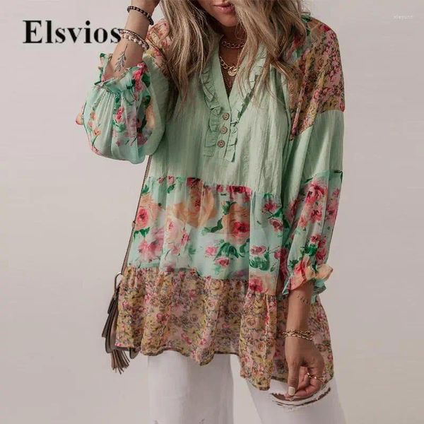 Blusas femininas primavera verão manga longa solta topos casuais botões babados chiffon praia camisa vintage boho floral retalhos impressão feminina