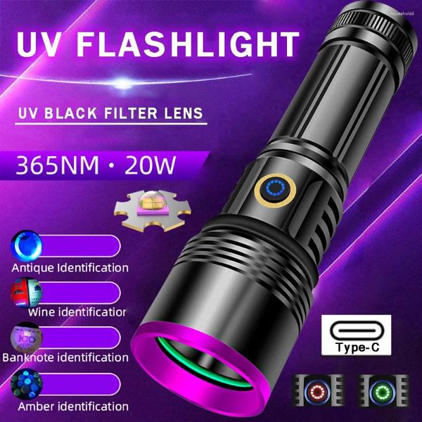 Lanternas Tochas UV Lanterna 365nm Blacklight LED Ultravioleta Luz 20W Tipo-C Tocha Recarregável para Pet Urina Âmbar Detecção Resina