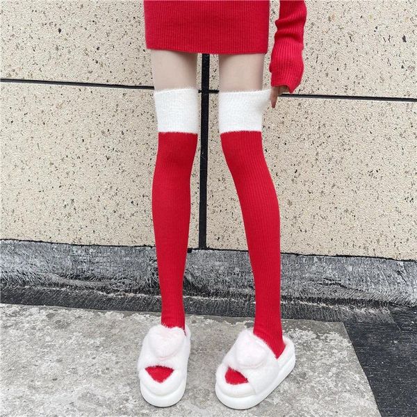 Meias femininas joelho vermelho crianças outono e inverno engrossado quente pelúcia costura meias desejo puro bonito hold-ups