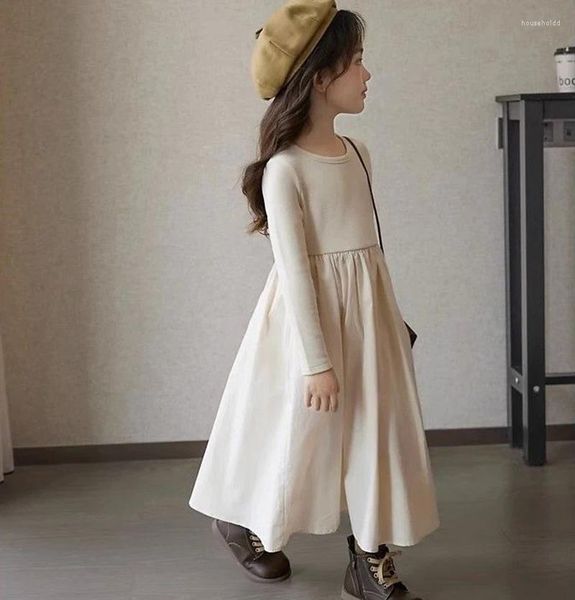 Платья для девочек, коллекция 2024 года, корейский стиль, детское платье для девочек, осень-осень, бежевый, серый, простой, повседневный, в стиле пэчворк, элегантное платье принцессы с длинными рукавами