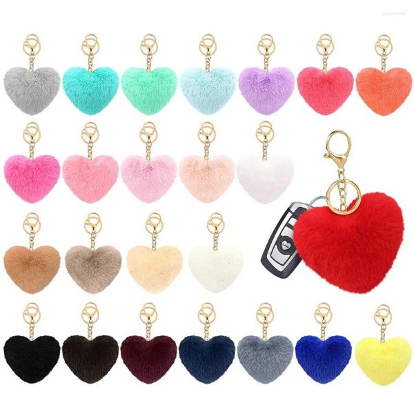 Chaveiros 10 pcs Pom Keychain com gancho de ouro forma de coração fofo pele puff bola chave para mulheres meninas saco acessórios cor aleatória
