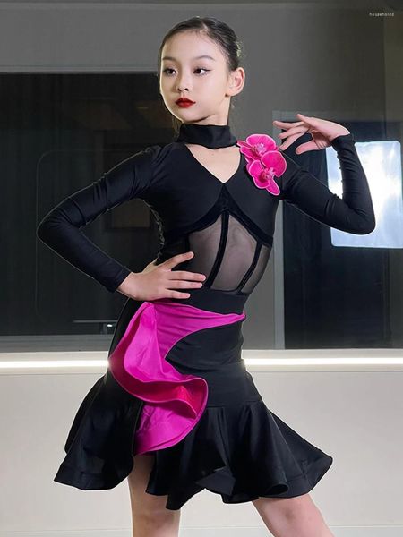 Bühnenkleidung 2024 Kinder Latin Dance Kleid für Mädchen mit langen Ärmeln Anzug Cha Cah Rumba Ballsaal Wettbewerb Praxis DNV18613