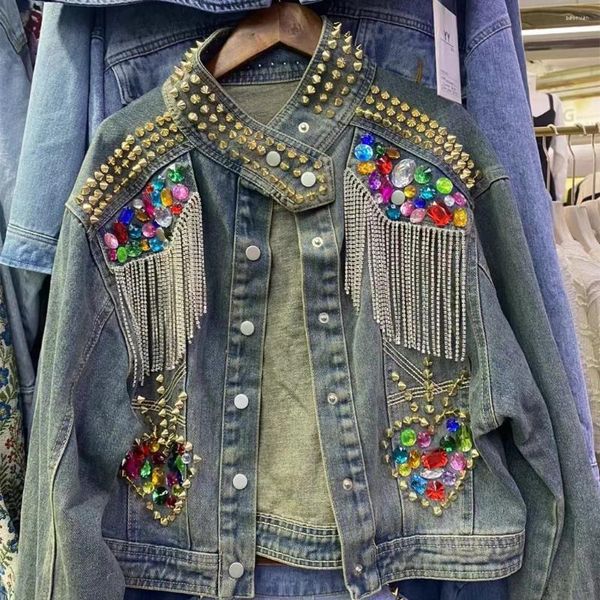 Jaquetas femininas femininas punk design cravejado jaqueta curta mulheres outono rebite denim casaco rua desgaste borlas jeans outfit abrigo vaquero de