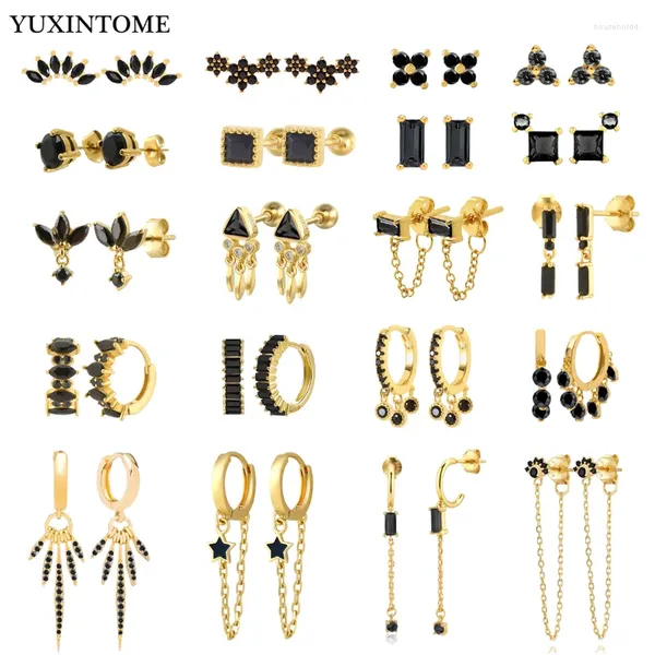 Серьги-кольца YUXINTIME из стерлингового серебра 925 пробы, иглы для ушей, черный циркон, золото для женщин, геометрический кулон, модные свадебные украшения