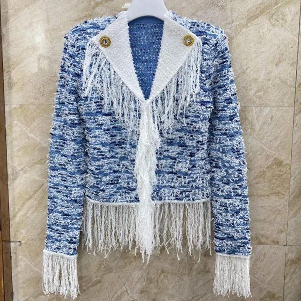 Giacche da donna 2024 Giacca in maglia con nappe blu con colletto bianco di alta qualità