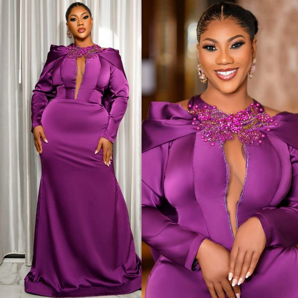 Lila afrikanisches arabisches Aso Ebi-Abschlussballkleid, Meerjungfrau, Neckholder, Perlen, Illusion, Abendkleid für schwarze Frauen, Mädchen, Outfit, zweiter Empfang, Geburtstagsparty-Kleid NL511