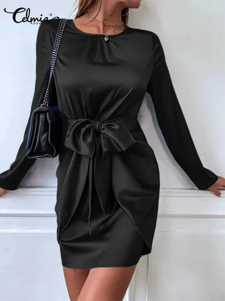 Casual Kleider 2024 Mode Geraffte Oansatz Robe Celmia Elegante Satin Mini Kleid Party Langarm Vestidos Frauen Taille Verband Enge fit