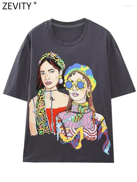 Kadın Tişörtleri Zevity Kadın Moda Kontrastı Renk Güzel Güzellik Baskı Gündelik Gri Gömlek Femme Şık Temel Kısa Kol Sokak Giyim Üstleri T3913