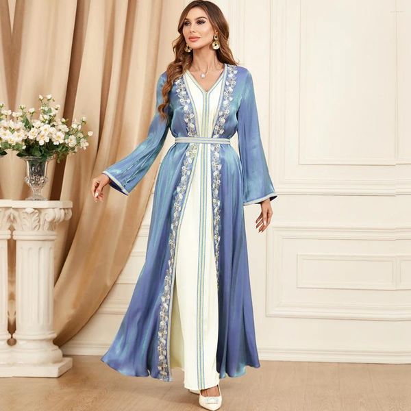 Roupas étnicas Ramadan Cetim Caftan Marocain Femme 2 Peça Abaya Set para Mulheres Muçulmanas Chic Apliques Cinto Robe Árabe Africano Mujer