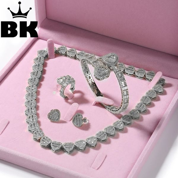 The bling king adorável conjunto de jóias para mulheres em forma de coração corrente colar ajustável coração pulseira aberto coração anel brinco 240118