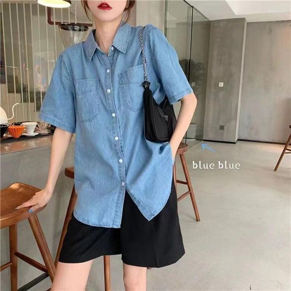 Frauen Blusen Harajuku Koreanische Retro Blau Denim Shirts Frauen Mode Tasche Casual Büro Dame Button Up Hemd Sommer 2024