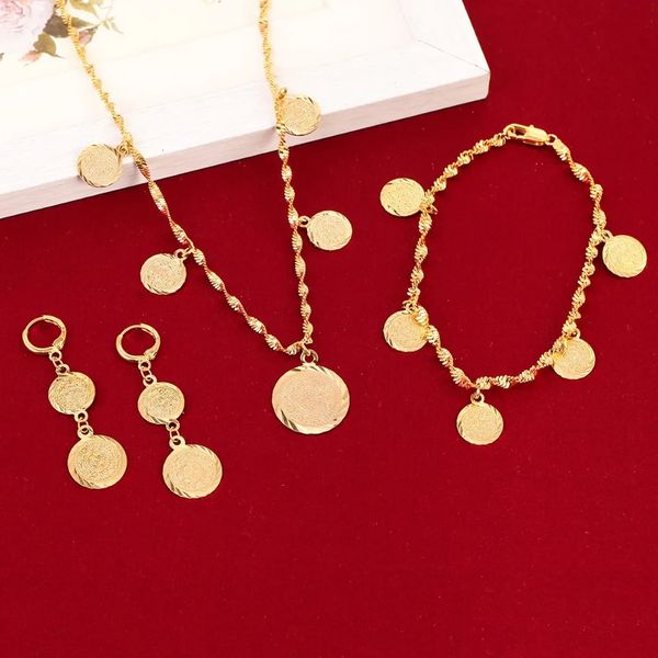 Pulseira colar brincos conjunto alemanha espanha frança moeda sinal de dinheiro feminino 24k cor ouro preenchido árabe áfrica europa jóias 240122