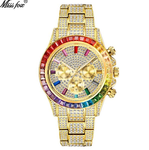 2024 Fábrica mais recente qualidade relógios de pulso Relogio masculino luxo MISSFOX Ice Out Diamond Watch multifuncional dia data ajustar calendário relógios de quartzo para homens V298