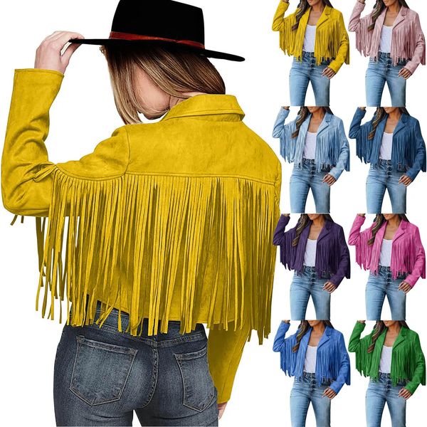 Mulheres Y2K Franjas Hem Tassel Cardigan Crop Tops Cool Girl Motor Biker Jaqueta Camurça Jaqueta De Couro 90s Vintage Streetwear Casacos 240125