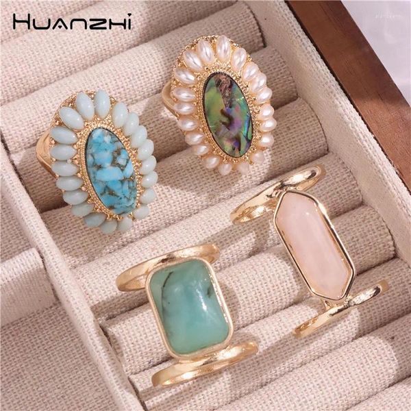 Clusterringe HUANZHI Geometrische Oval Mode Blume Bunte Naturstein Für Frauen Mädchen Abalone Shell Vintage Persönlichkeit Legierung 2024