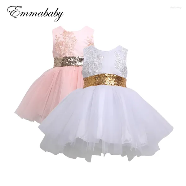 Abiti da ragazza Emmababy Bambini Baby Flower Girls Senza maniche in pizzo con fiocco in paillettes Abito in tulle con tutù Abito da ballo per principessa festa nuziale 0-10T