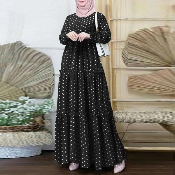 Abbigliamento etnico Abbigliamento musulmano per le donne 2024 Design bohemien a pois Abito con stampa maniche lunghe Preghiera islamica tradizionale