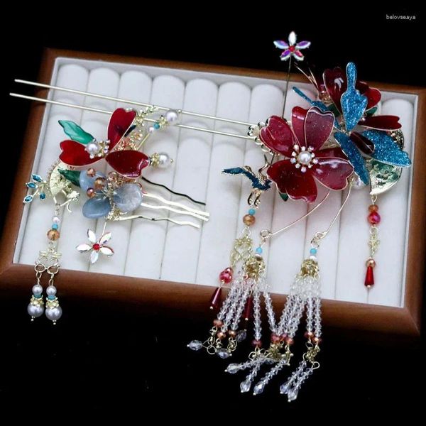 Haarspangen Braut chinesische Blumen Ornamente Drachen und Phönix Kleider Ohr Haarnadeln Antik Stil Kopfschmuck Zubehör