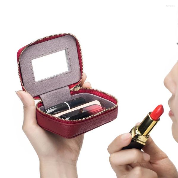 Sacos cosméticos mini envelope vermelho de couro genuíno com espelho camada superior saco de armazenamento de maquiagem mudança moeda fone de ouvido feminino