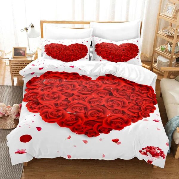 Bettwäsche-Sets, rote Rosen, Bettbezug-Set, Queen-Size-Bett, komplett, 3D-Blumenmuster mit Kissenbezug für Einzelbett, Valentinstagsgeschenk