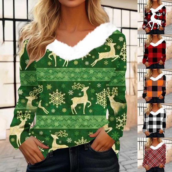 Blusas femininas outono inverno natal pulôver com decote em v topo moda pelúcia elegante blusa solta tamanho mangas compridas camisa estampada animal