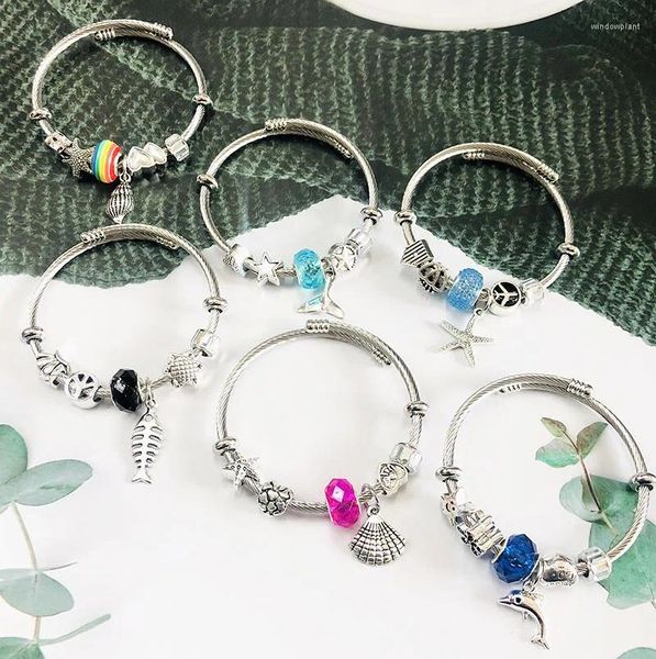 Bracciale rigido 6 modelli stella marina buccino conchiglia di mare perline fai da te braccialetto in acciaio inossidabile per donne ragazze