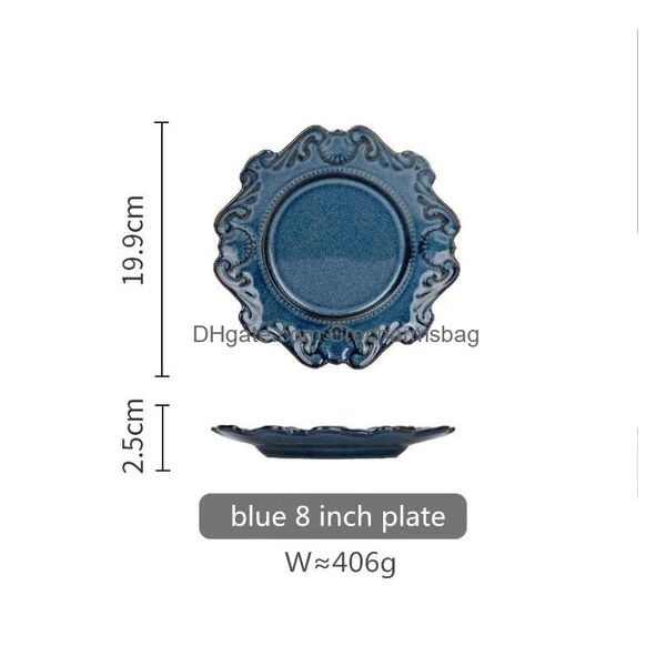 Geschirr Teller Blau und Weiß Antik Relief Keramik Essteller Set Porzellan Hauptgericht Serviertablett Dessert Salat Geschirr 1 Stück Dhqo3