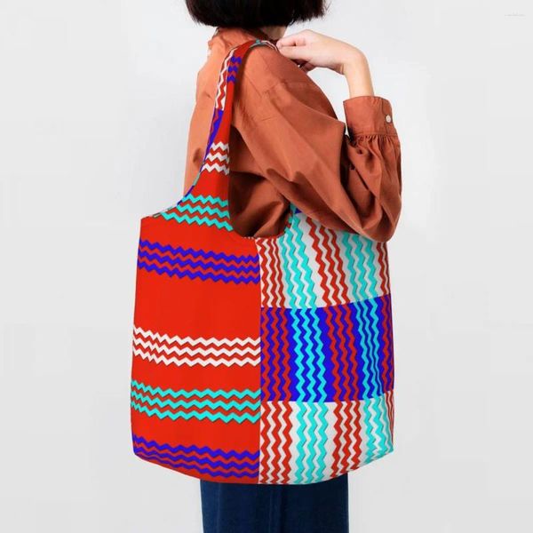 Alışveriş Çantaları Sevimli Renkli Zikzak Tote Çanta Yeniden Kullanılabilir Bohemian Modern Geometrik Bakkallar Tuval Alışveriş Omuz Çantaları Hediyeler