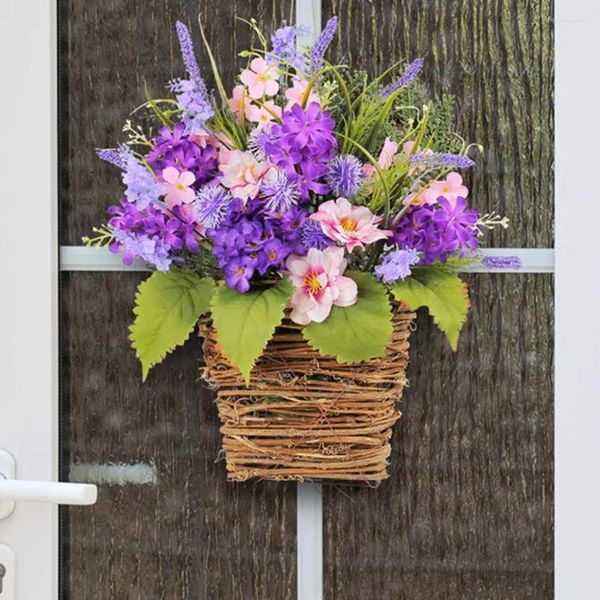 Cesta de flores decorativas para ambientes internos e externos, suspensa artificial para porta da frente, casamento, decoração de casa