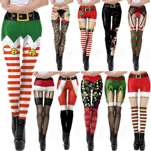 Leggings de natal das mulheres leggings treino ativo correndo calças de ginásio elástico natal casual elk neve impressão magro leggings 240202