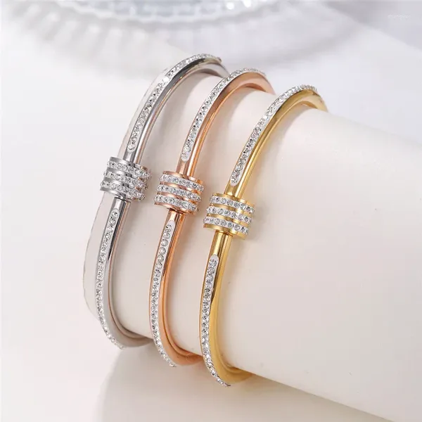 Bangle 316L Aço Inoxidável Três Camadas Lama Incrustada com Cristal Retro Abertura Espiral Para Mulheres Bijoux Acier Inoxidável