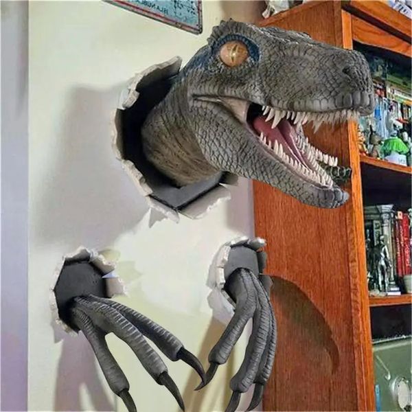 Dinossauro montado na parede escultura 3d parede estourando pendurado cabeça de dinossauro resina cabeça com garras decoração para casa 240123