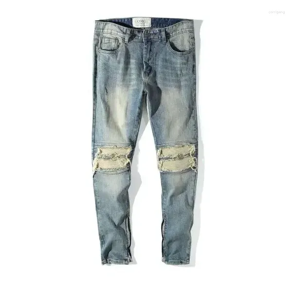 Мужские джинсы с дырками Рваные мужские ковбойские штаны Сломанные брюки Голубые узкие трубы Мотоциклетные облегающие рваные узкие молнии