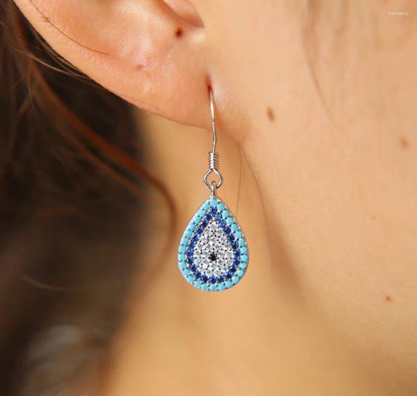 Baumelnde Ohrringe aus 925er-Sterlingsilber, tropfenförmiger Charme, bunter Zirkonia-Stein, modischer böser Blick-Ohrring für Frauen