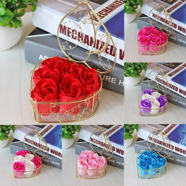 6 pçs caixa artesanal perfumado rosa sabão flor romântico banho corpo sabão rosa com cesta dourada para presente de casamento dos namorados 0206