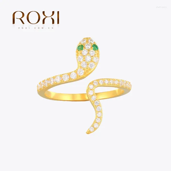 Anéis de cluster Roxi olhos verdes cobra abertura para mulheres meninas 925 prata esterlina jóias de casamento ajustável anel anillos mujer ouro