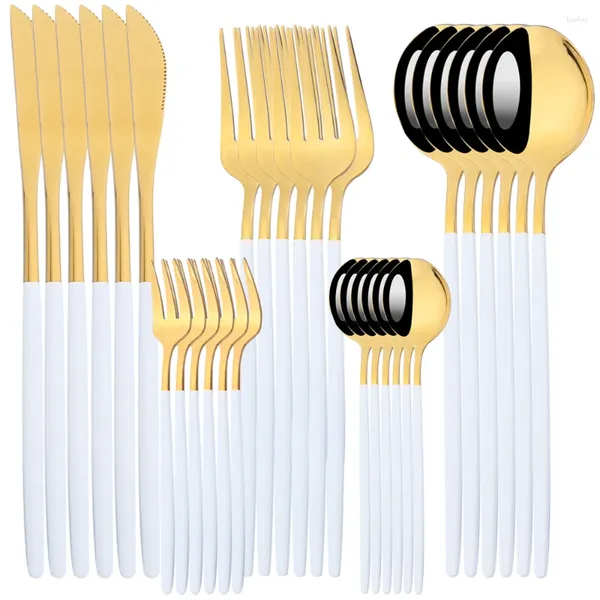 Yemeksiz setler Ajoyous 30pcs Beyaz Altın Set Teşheri Paslanmaz Çatal Çatal Çatal Kaşık Stepware Bulaşık Makinesi Güvenli Sofra Takımı