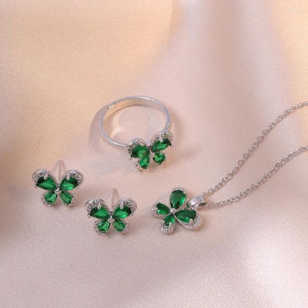 Collana Orecchini Set Verde Blu Pietra Farfalla Fiore Anello Ciondolo Argento Colore Zircone Collane Per Le Donne Matrimonio Nuziale