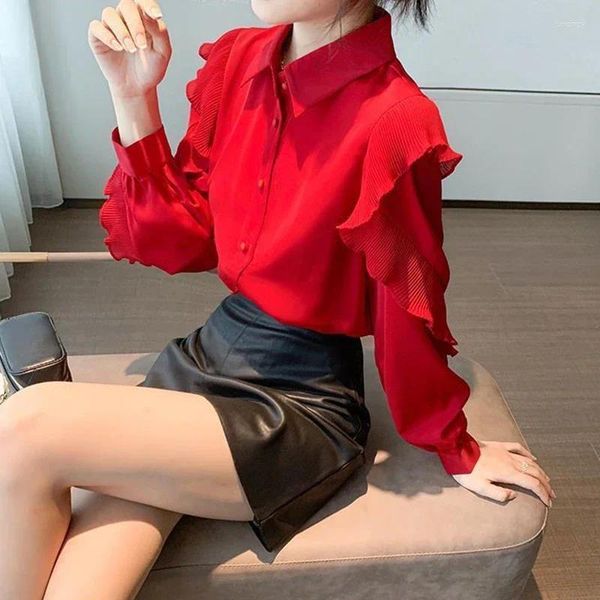 Blusas femininas primavera outono vermelho elegante moda babados camisa de manga longa topo feminino polo-pescoço cardigan temperamento blusa all-match blusa