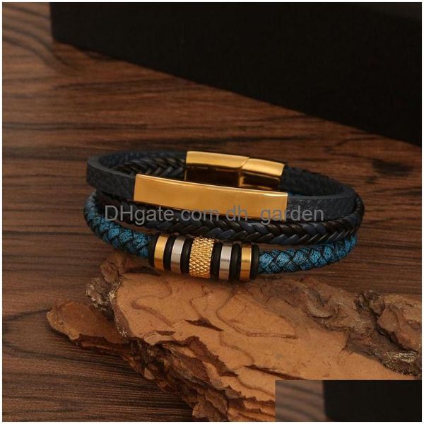 Corrente pulseira de aço inoxidável para homens mtilayer artesanal trançado couro fivela magnética pulseiras pulseira pulseira moda judeu dhyxb