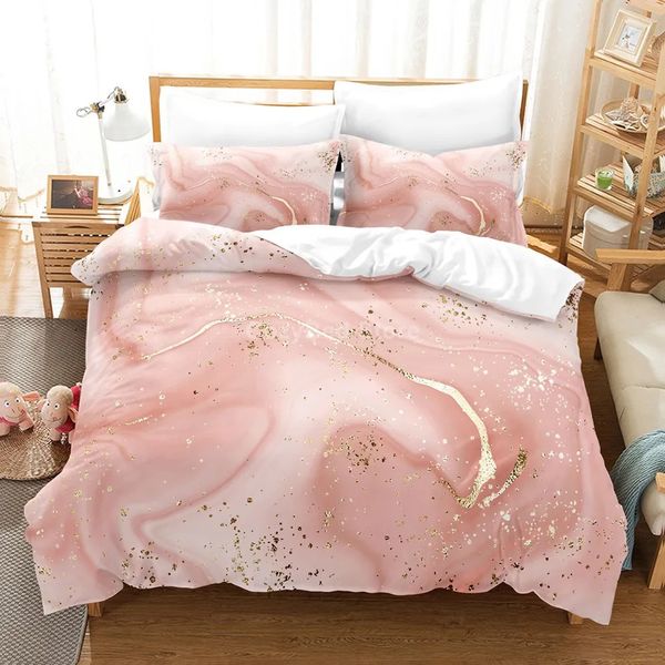 Conjunto de cama rosa de mármore dourado 3d conjuntos de capa de edredão consolador roupa de cama gêmeo queen king tamanho único decoração de quarto crianças adulto moderno 240131